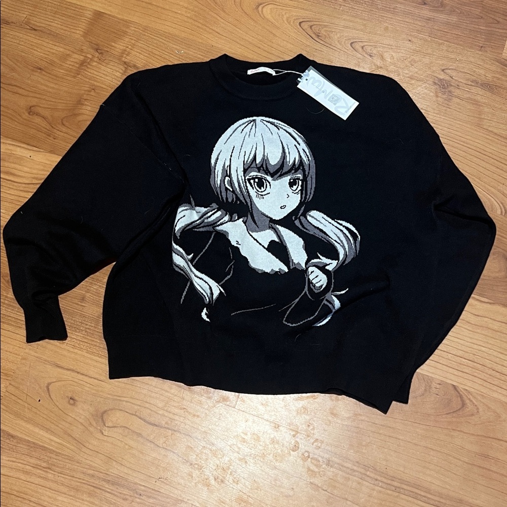 Black Knit Anime oversized S  pullover crew neck sweater nwt